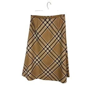 Talbots Size 16 Midi Skirt 100% Wool Lined Brown Burgundy A-Line Plaid